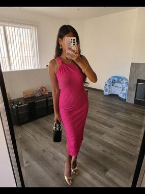 Hot Pink One-Shoulder Ribbed Midi Dress
